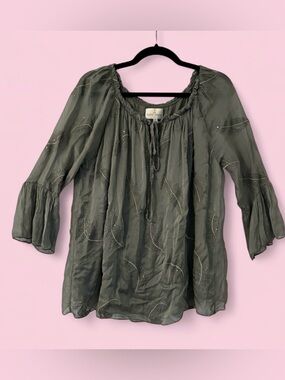 Belle France Olive Green Boho Silk Blend Embroidered Blouse Made in Italy Size S